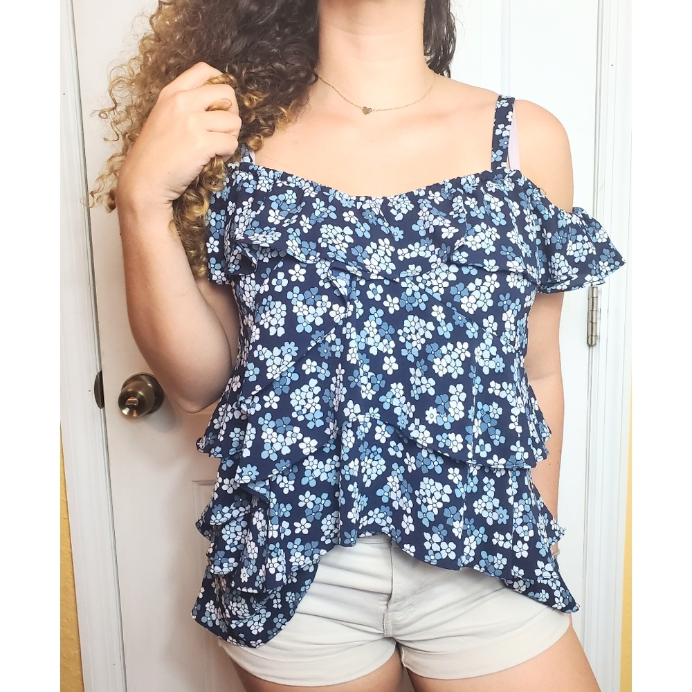 Michael Kors Off Shoulder Blue Floral Ruffled Top